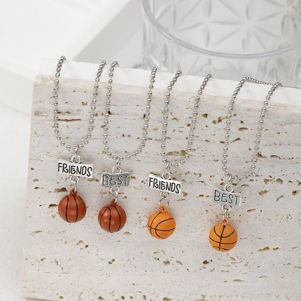 BFF Jewelry 3D Basketball Pendant Necklace Set For 2 Best Friends Charm Beads Chain Choker For Sports Lovers Friendship Gift