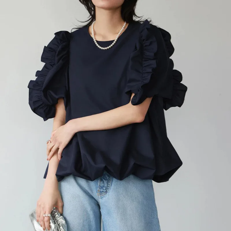 Matakawa Ruffles Puff Sleeve Women Shirts&blouses Solid Spring Summer Japanese Style Blusas Mujer Vintage Elegant Camisas