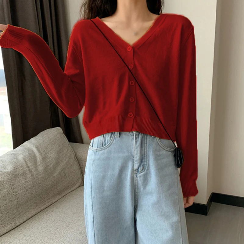 Women\'s Long Sleeve Cropped Cardigan V Neck Button Down Knit Lady Autumn Winter Knit Single-breasted Cardigan Sweaters