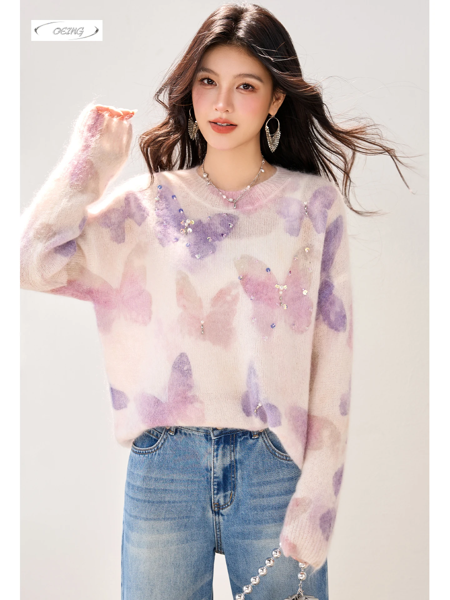 

Butterfly Beading O-neck Long Sleeve Knited Pullover Sweater for Women Autumn Winter Thick Elegant Sweet Loose Knitwear 6075