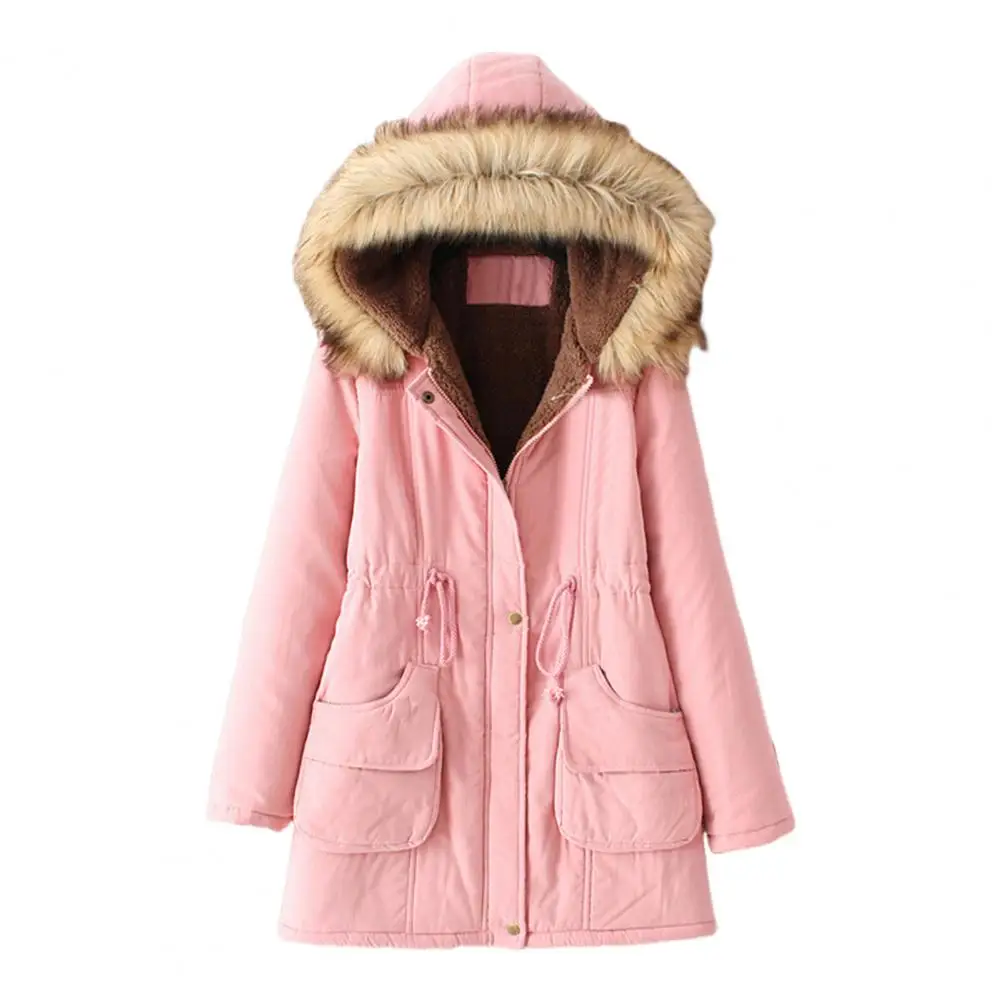 女性用ミッドレングスコットンジャケット,巾着付きフェイクファー,フード,フリース,ジッパー,ボタン,防風,アウター,冬