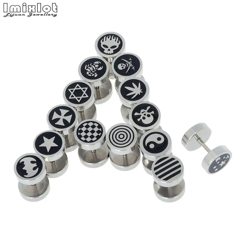 12Pcs Mix Fashion Stainless Steel Round Stud Earrings For Men Women Unisex Trendy Stripe Star Skull Earings Party Jewelry Gift