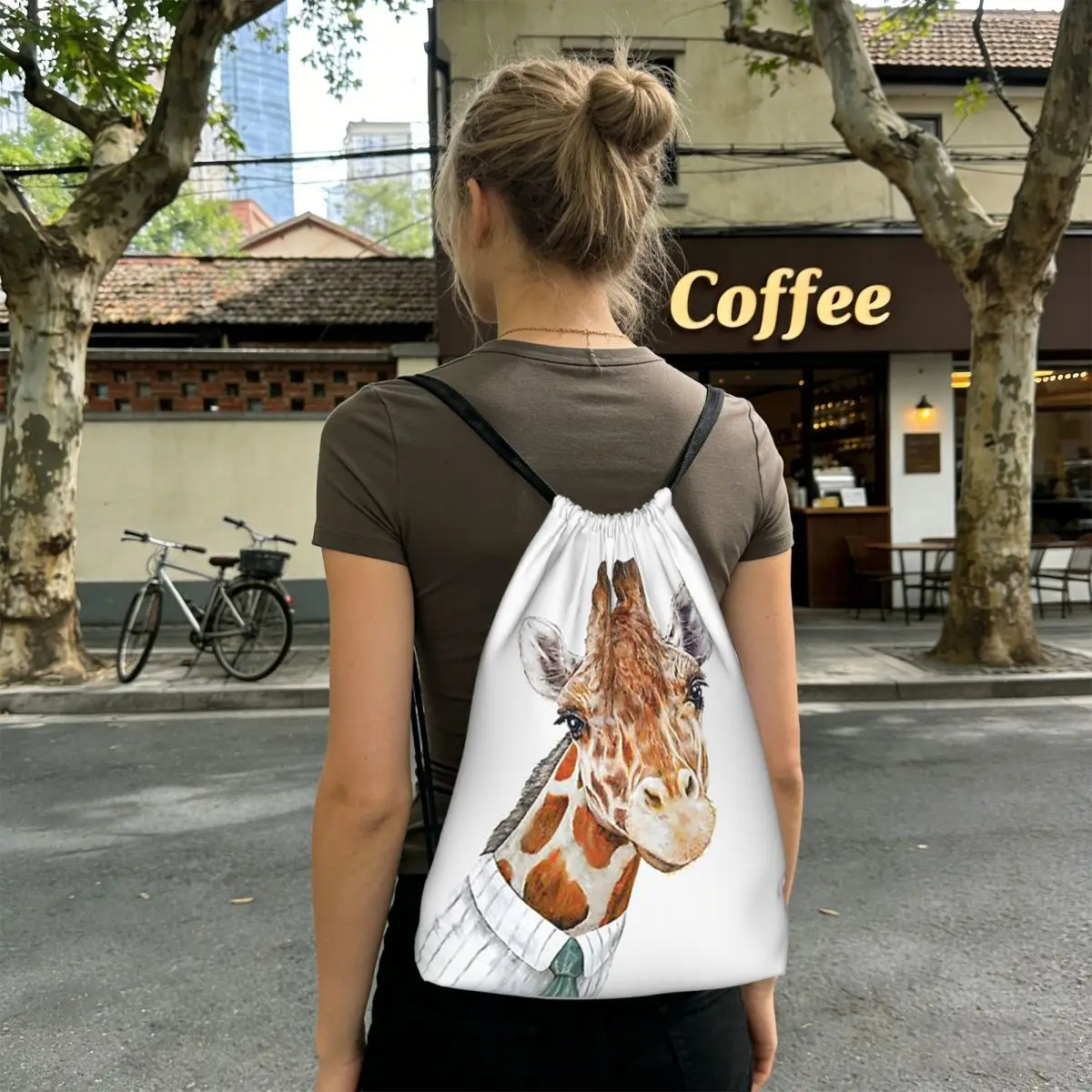 Giraffe Backpacks Portable Drawstring Bundle Pocket Shoes Bag Book Bags for Man Woman School