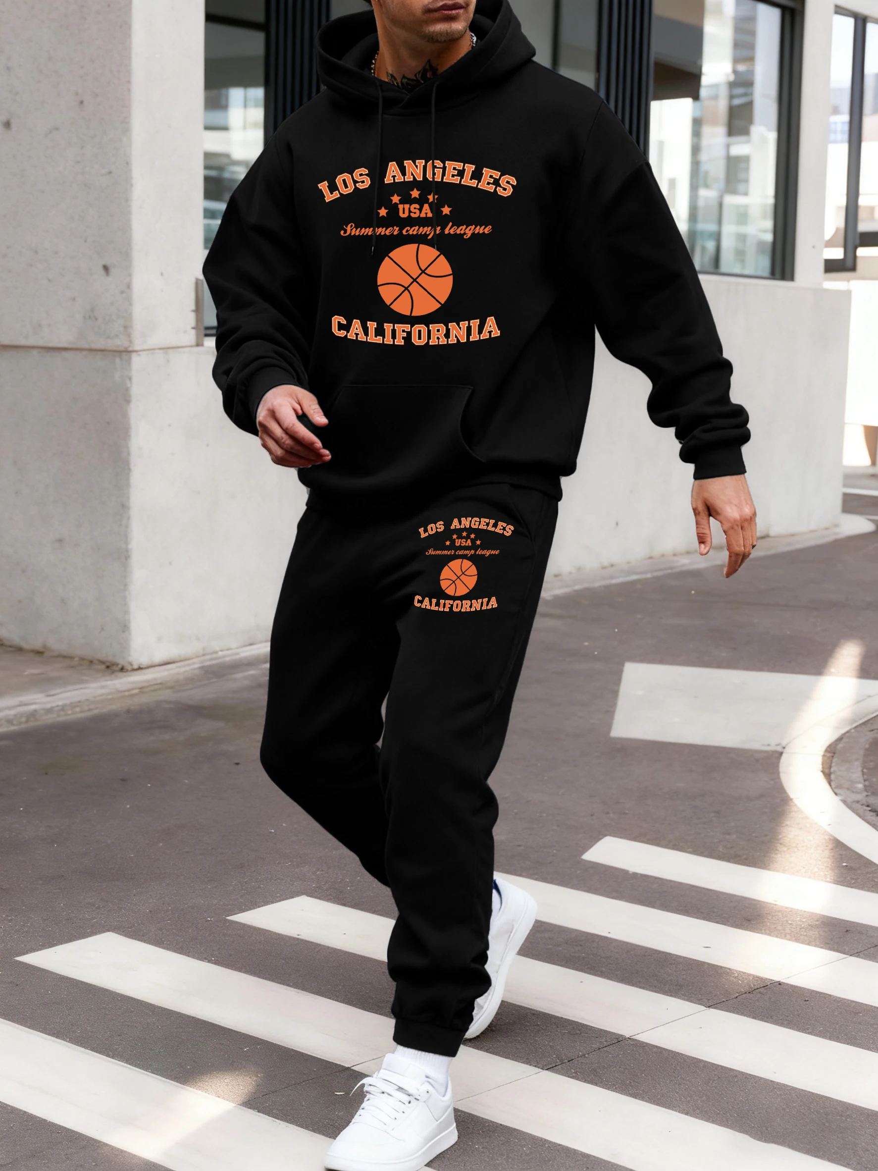 

Комплект: худи и спортивные брюки с принтом «Баскетбол Лос-Анджелес, Калифорния, США», мужской, флисовый, спортивный, с карманами, мягкий, осенний, базовый