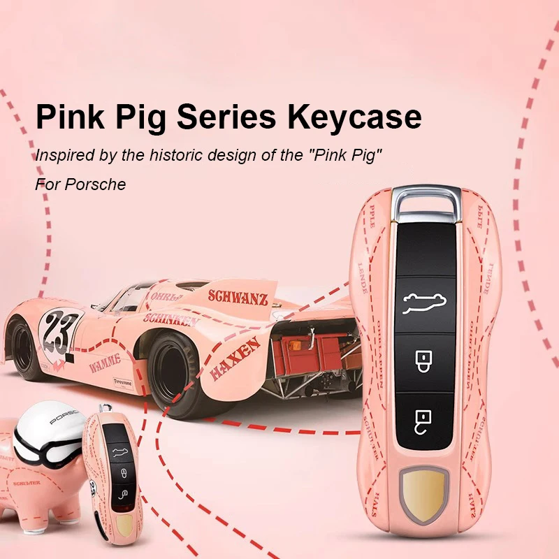 Painted Car Key Case Cover Pink Pig For Porsche Macan Cayenne 911 Panamera 718 Cayman Boxster Taycan 2010-2021 2022 2023 2024