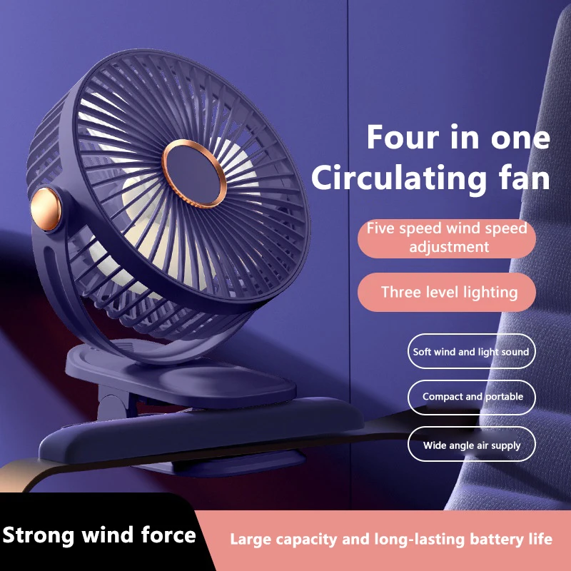 Mini ventilatore portatile con clip Ventilatore elettrico da tavolo silenzioso USB ricaricabile per la casa Campeggio Ufficio Ventilatore da soffitto wireless Luce notturna a LED