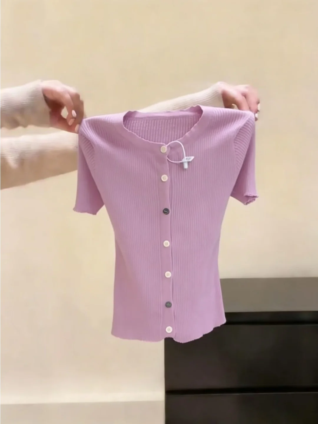 

Unique Light Maturity Purple round Neck Short Sleeve Ice Silk Knitted Open Cardigan Women Summer Gentle Fashion Thin Top