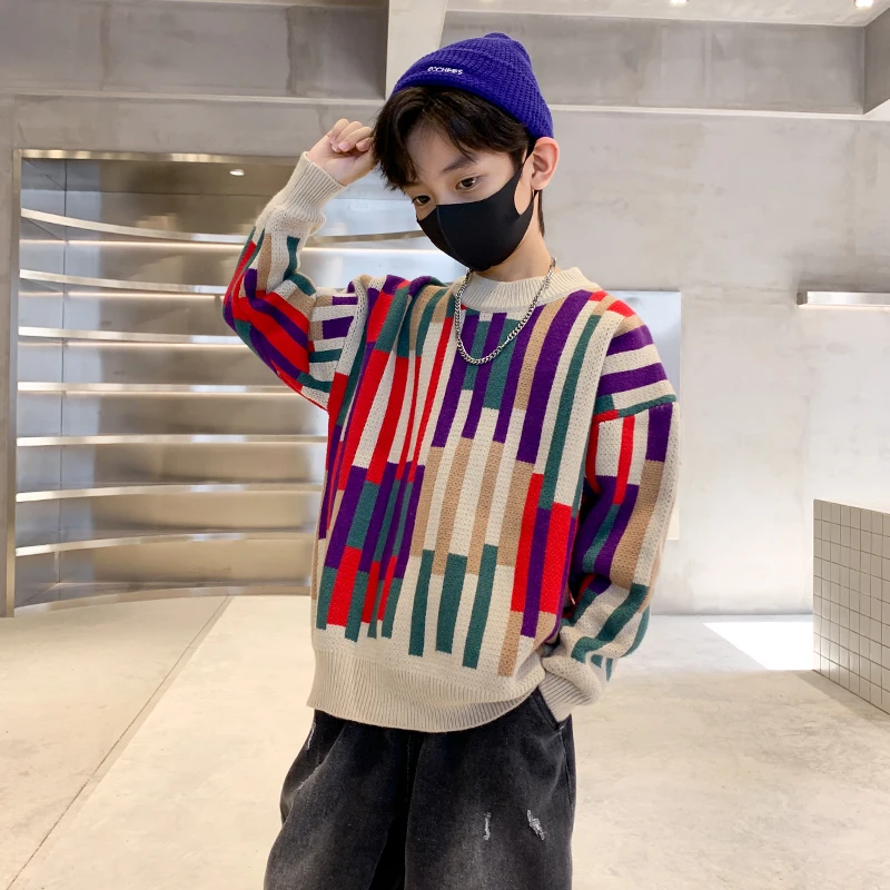 Cool Kids Multi-colored Stripe Sweater For Boy Spring Autumn Knitted Streetwear Clothing Teenage Child Colorful Sweater Knitwear