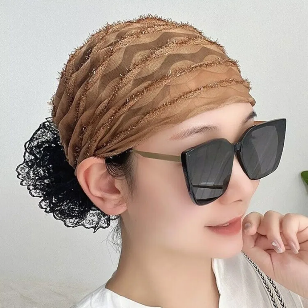 Hot Sale Lace Embroider Headband Cap Cover White Hair Full Cover Hair Band Elastic Trendy Turban Female