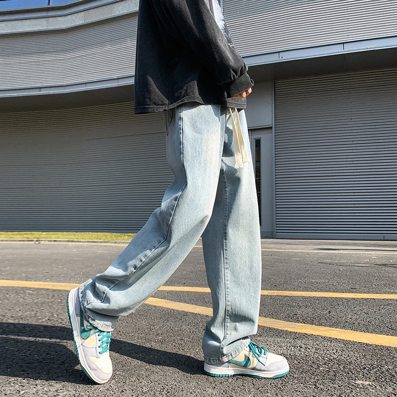 

Light Blue Men's Straight Leg Wide Leg Jeans American Style Trendy Vintage High Street Spring Autumn Long Trousers