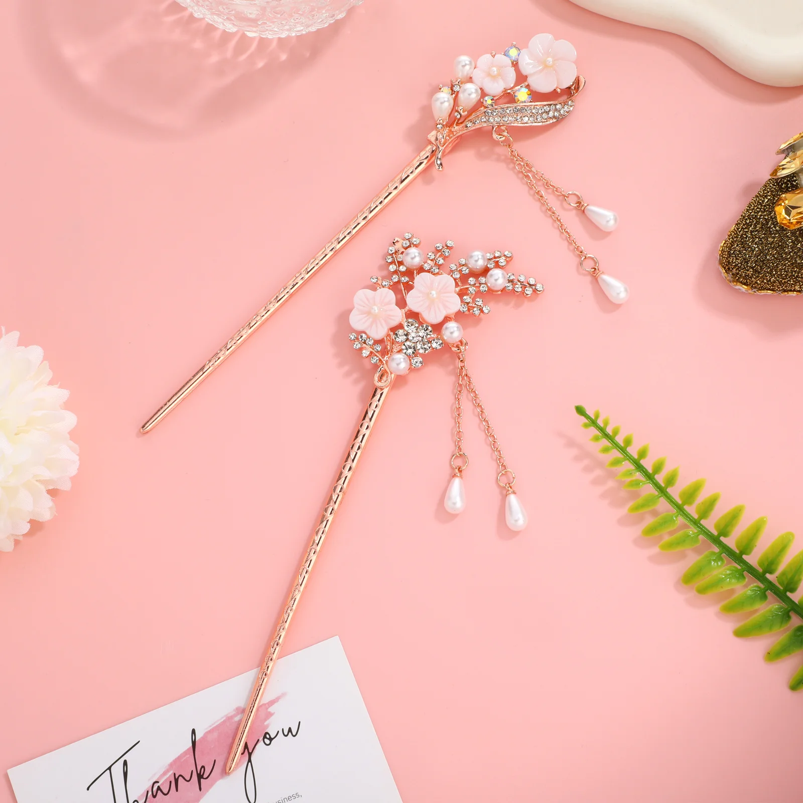 

2Pcs Rhinestone Hair Sticks Flowers Beads Tassels Alloy Chinese Style Elegant Accessory for Parties Clubs Daily Wear