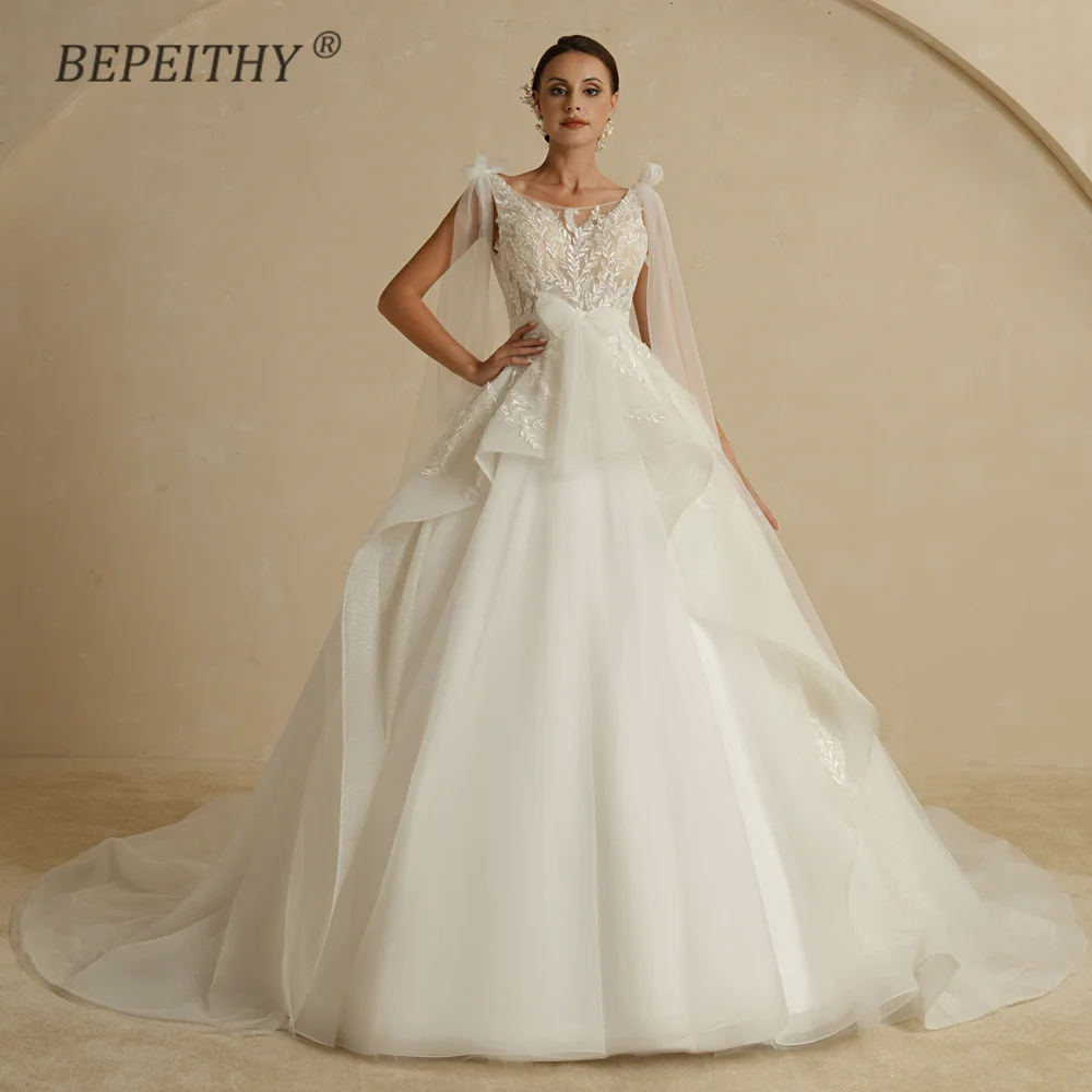 BEPEITHY Customized A Line Ivory Glitter Wedding Dresses 2022 For Women Ruffle Skirt Backless Sexy Court Train Bridal Party Gown