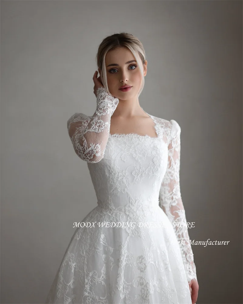 MODX Modest A Line Full Lace Wedding Dresses Long Sleeves Square Neck Sweep Train Dubai Arabic Bridal Gowns Robe de mariage