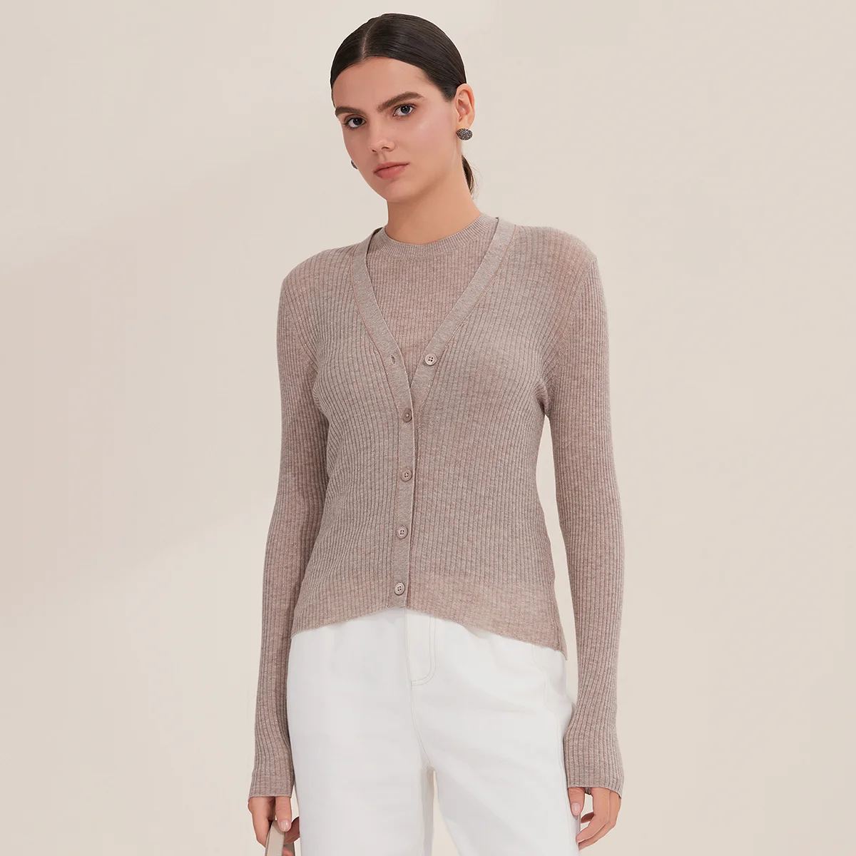 

BY3521280 Women's Ribbed Superfine Merino Wool Knit Button-Front Cardigan Long Sleeve V-Neck Sweater for Fall