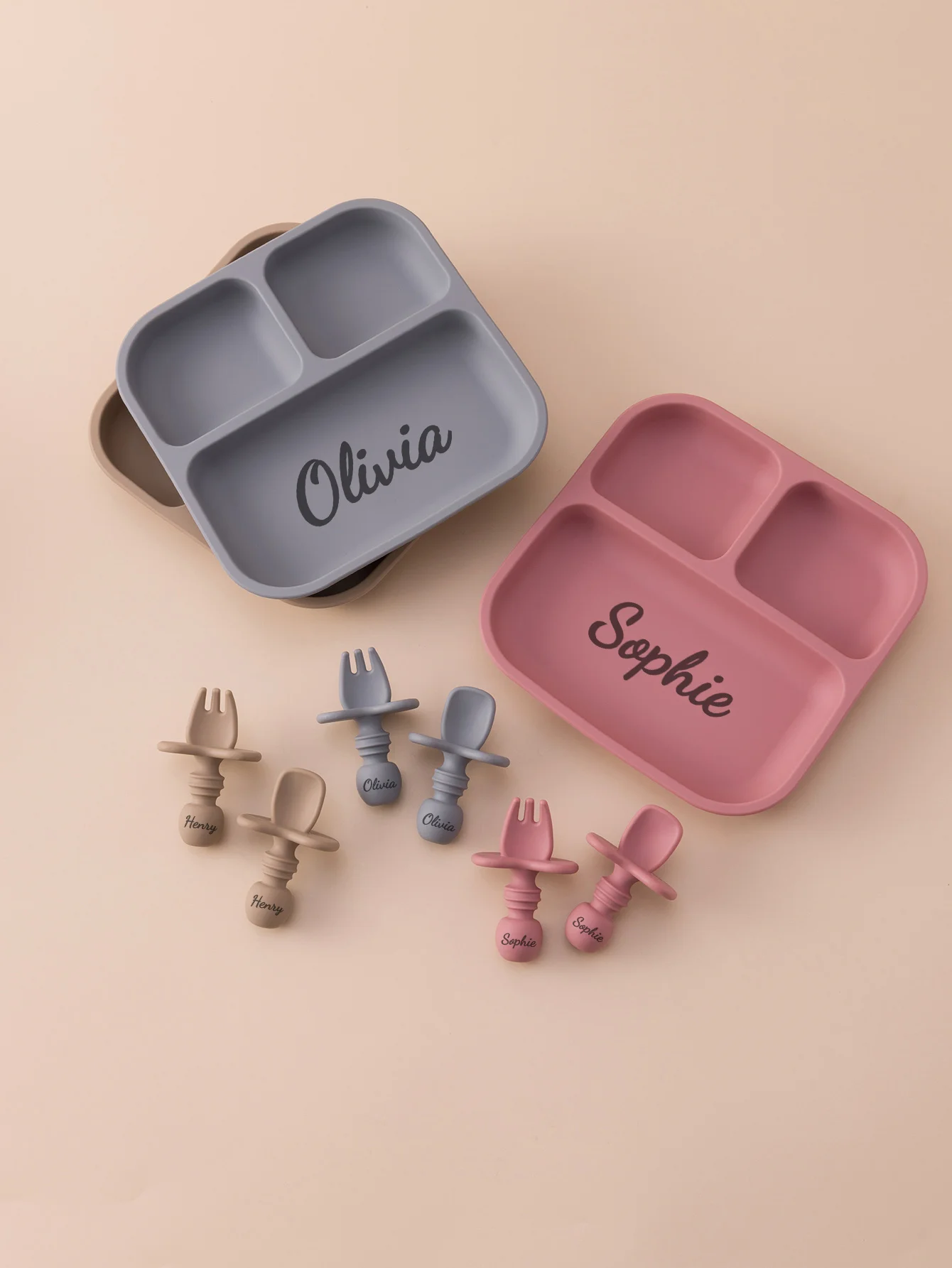 

3PCS Personalized Name Colorful Silicone Baby Feeding Set Suction Plates BPA Free Training Spoon Fork Toddler Weaning Tableware