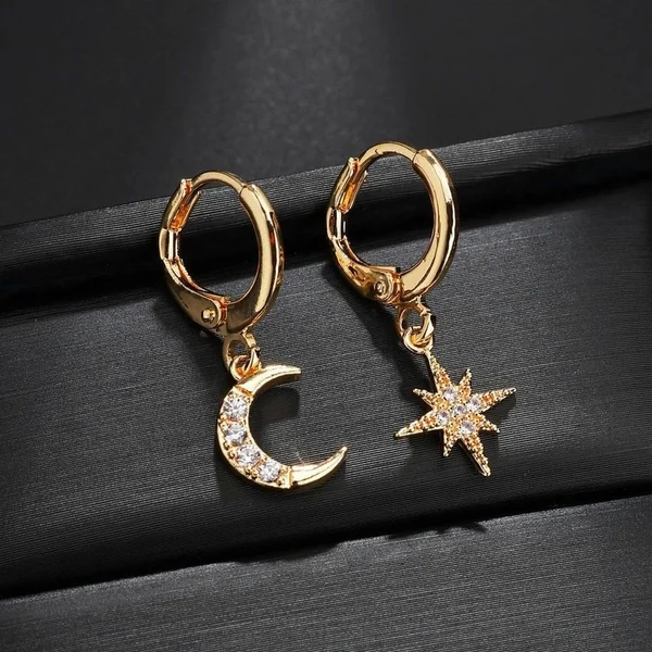 Shiny Gold Color Star Moon Earring for Women Fashion Zirconia Small Hoop Earrings Girls Wedding Party Jewelry Friendship Gifts