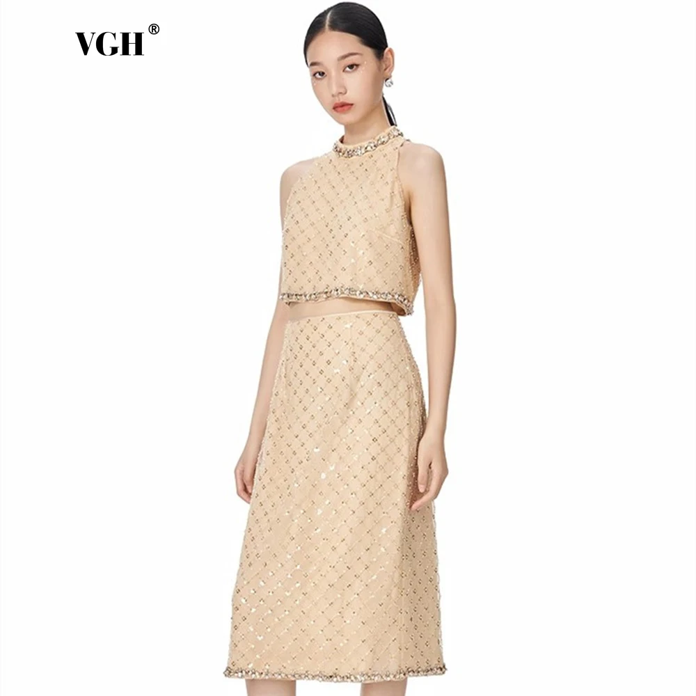 

VGH Sexy Solid Two Piece Sets For Women Round Neck Sleeveless Short Tops High Waist Long Skirt Spliced Diamonds Set Female New