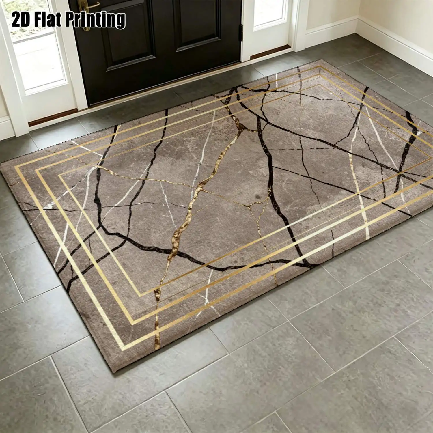 1Pc 2D Printed Nordic-Style Carpet, Gray Gold Cracked Geometric Patterns, Modern Minimalist Home Decor Floor Mat, Instagram-Inspired, Multiple Sizes, Machine Washable, Suitable for Entrance, Dining Room, Foyer, Bedroom, Living Room