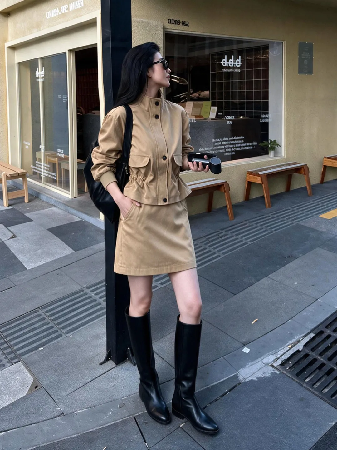 High-End Fashion Windbreaker Set Women's Design Sensation  Drawstring Short Outerwear Half Skirt Two-Piece Set Autumn