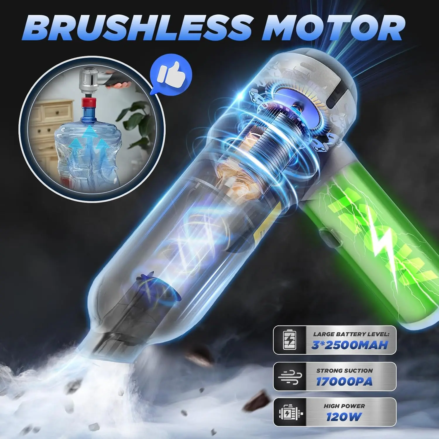 مكنسة كهربائية محمولة للسيارة لاسلكية بقوة 17000 باسكال قابلة لإعادة الشحن مع محرك بدون فرش للمنزل والمكتب والحيوانات الأليفة - HL132 أسود