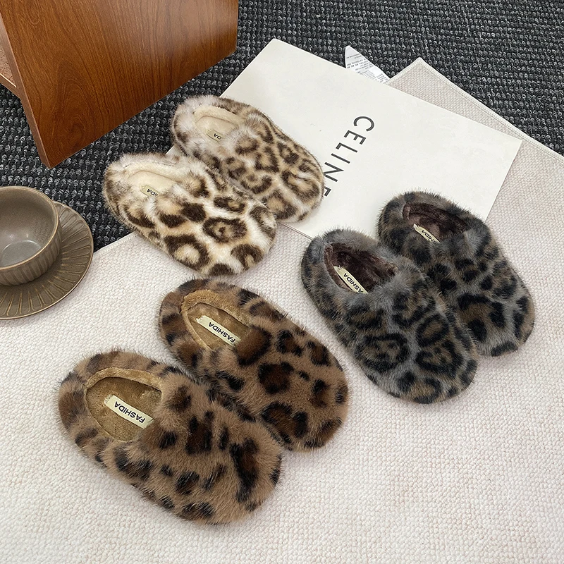 

2025 Winter Children Slippers Leopard Warm Fur Comfortable Soft Plush Flats Indoor Home Shoes Furry Casual Slippers Cotton Shoes
