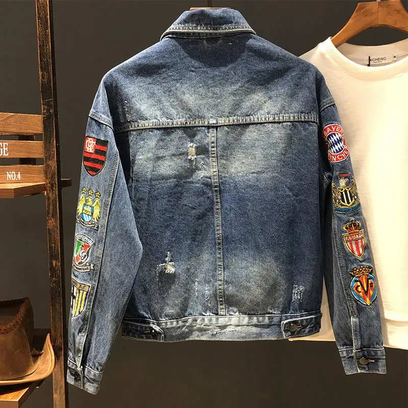 Spring and Autumn New Men's Embroidered Denim Jacket Trendy and Handsome Slim Fit Badge Broken Coat