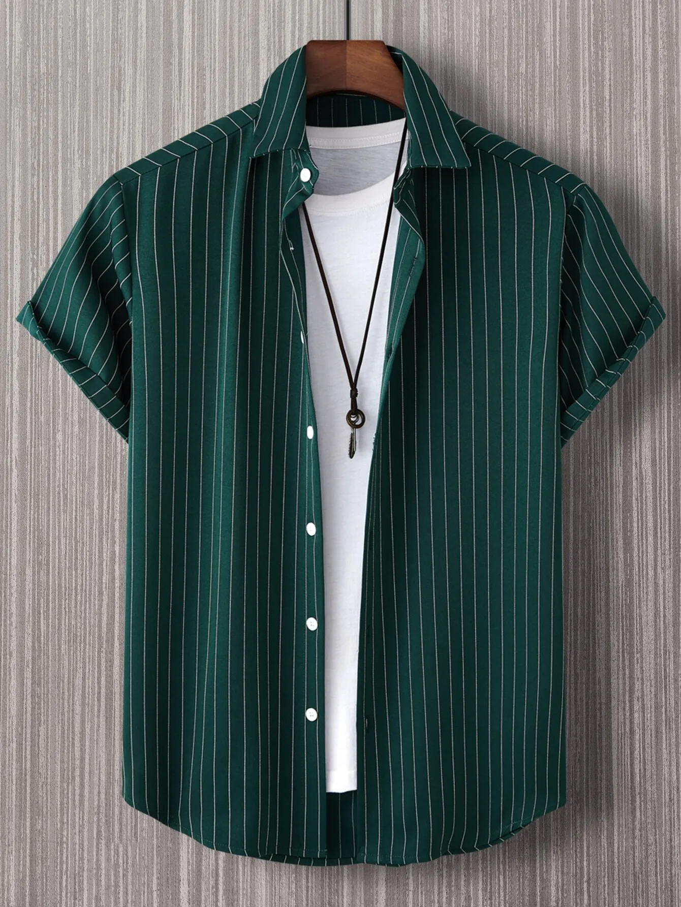 

Men's Dark Green & White Vertical Stripe Short Sleeve Button-Front Casual Shirt