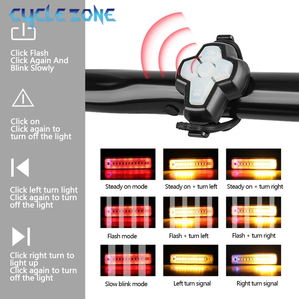 Clignotant arrière de vélo télécommandé, feu arrière en iode, chargement USB, feu arrière de vélo, sécurité de conduite de nuit, accessoires de cyclisme VTT