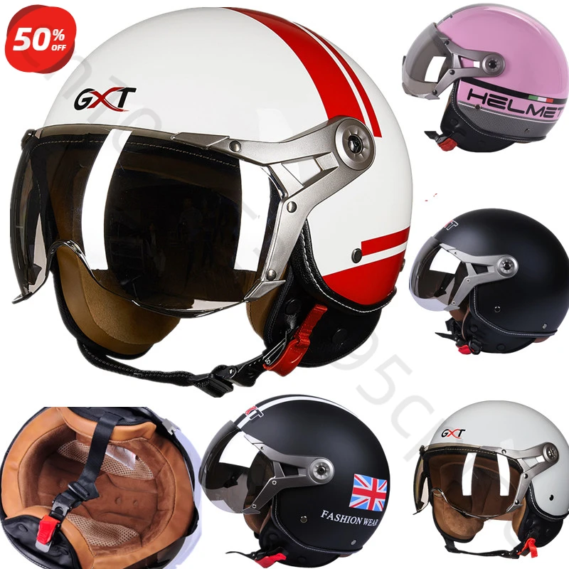 Gxt Vintage Open Motorhelm Retro Moto Cruiser Chopper Scooter Motor 3/4 Open Gezicht Helm Jet Dot Goedgekeurd Casco