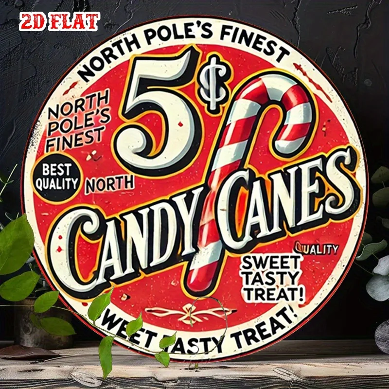 2D Flat, 1pc Vintage North Pole Candy Cane Metal Wall Art - 7.87x7.87 Inch Round Aluminum Sign with Festive Holiday Design,