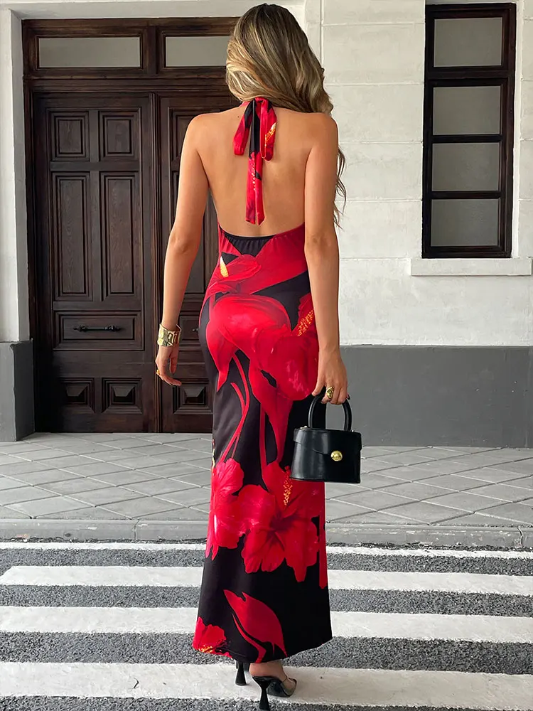 Women's Maxi Dresses Summer New Streetwear Fashion Lace-up Knitted Dress Red Sexy Female Print Backless Low Chest V-Neck Dresses