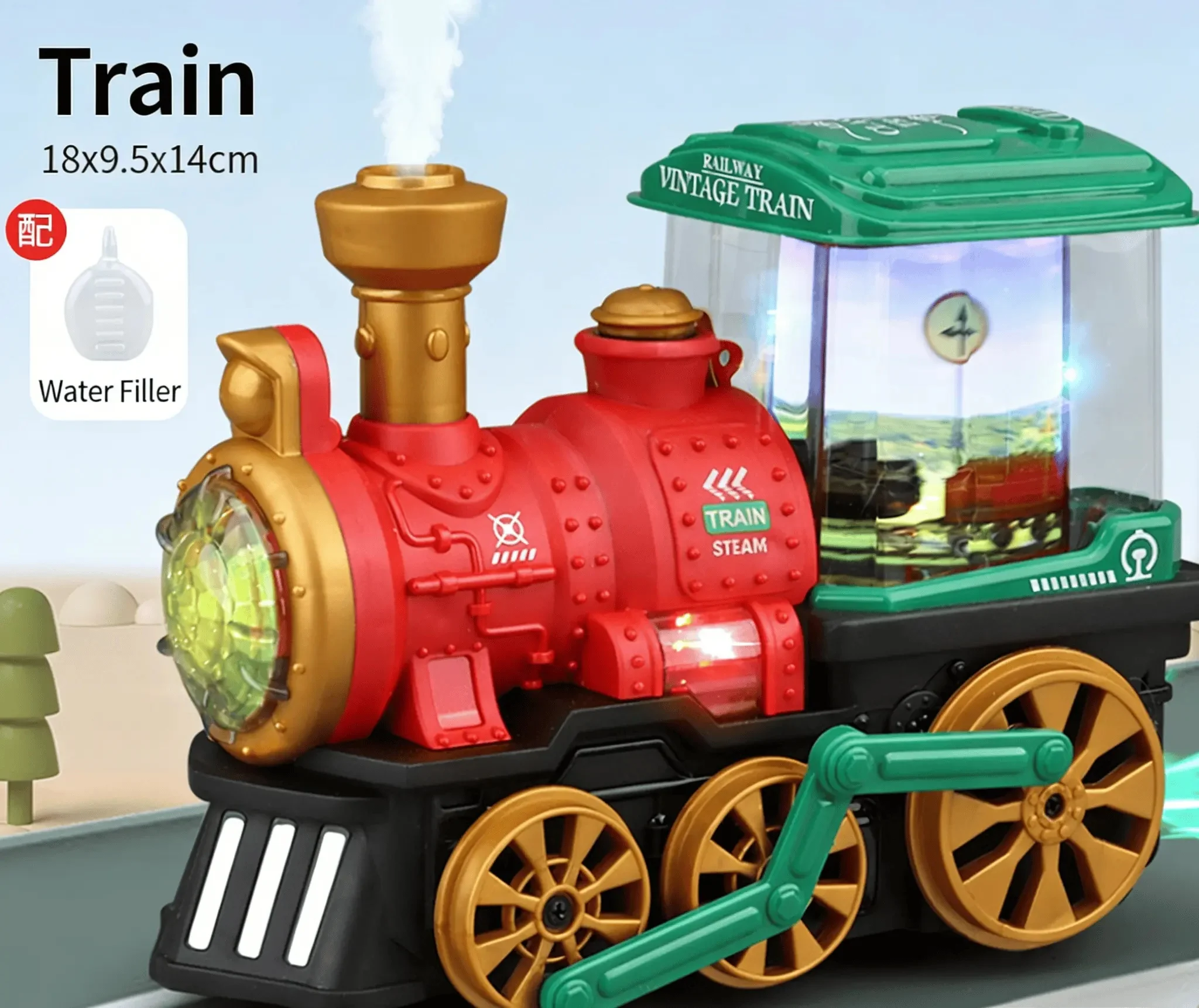 Kids Electric Steam Spray Train with Crash Truck 360 Degree Rotating Lights Music Smoke Sounds Simulation Model Toy for Children