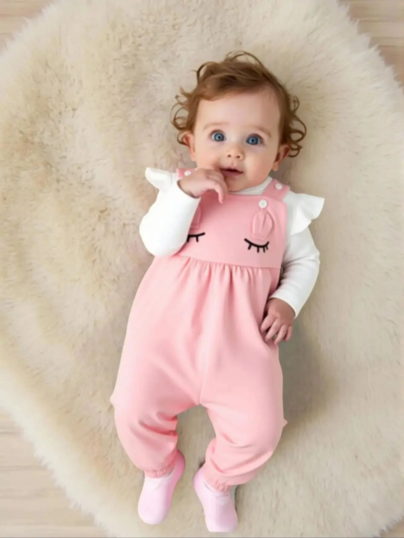 Weißer Langarm-Strampler für Herbst und Winter mit niedlichen 3D-Ohren und Hosenträgern, Baby-Mädchen-Outfit – Detail 1