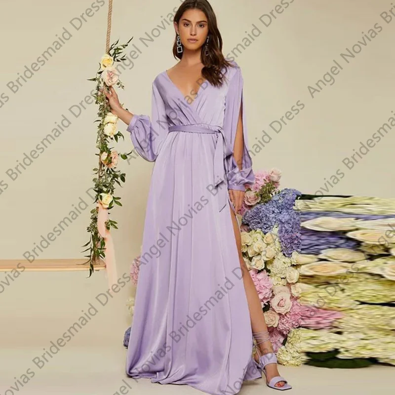 

Long Sleeves V Neck Lavender Bridesmaid Dresses with Split Customized Wedding Party Maid Of Honor Dress robes invitée mariage