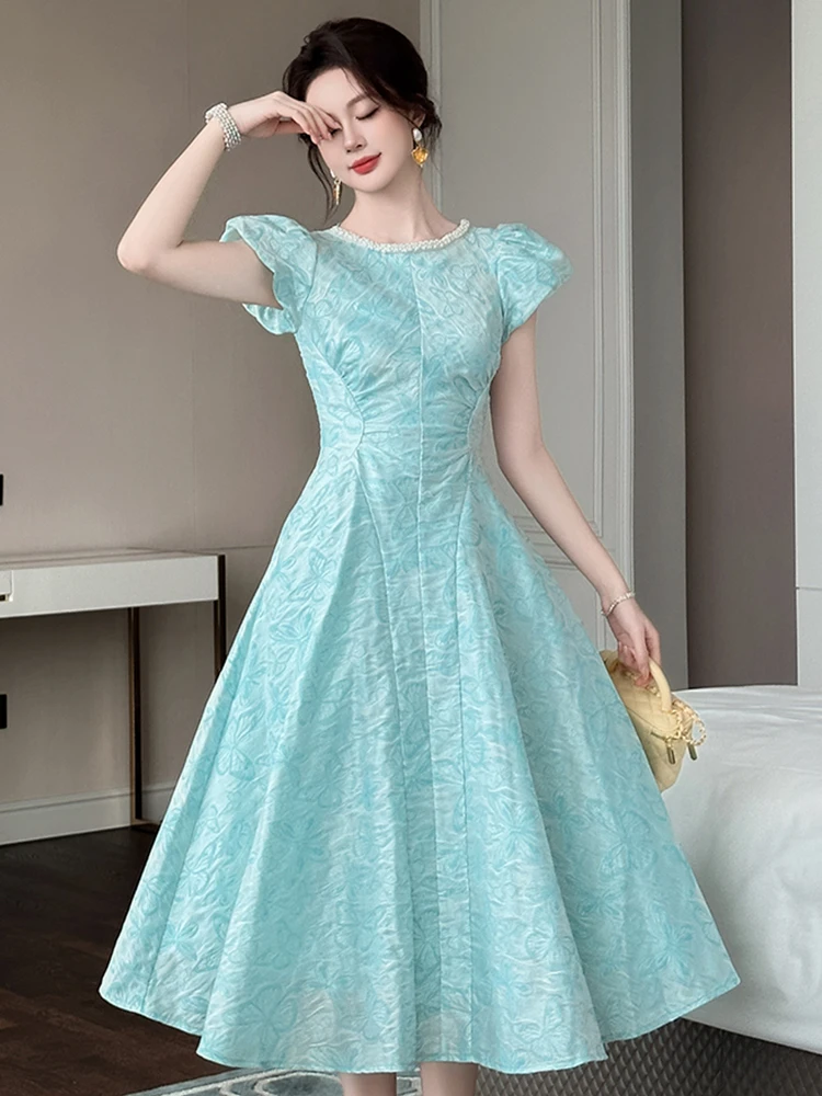 Frauen Kleidung Kleid Abend Süße Jacquard Kurzarm Korsett Schlank A-Line Lange Kleid Elegante Party Prom Vestidos Robe Sommer Neue