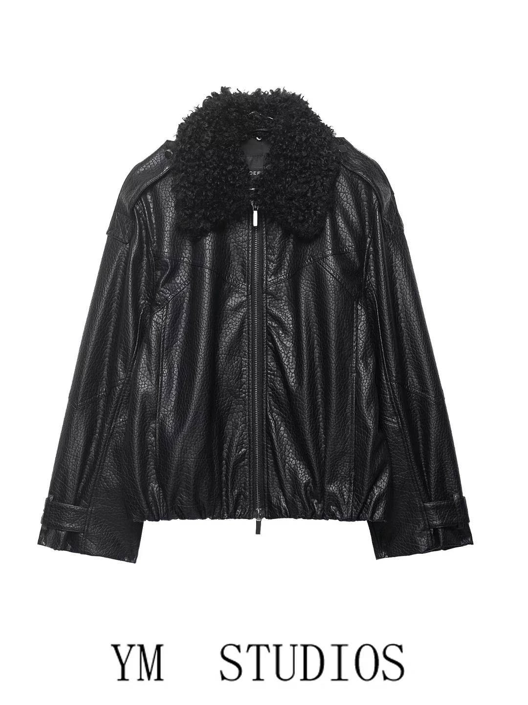 Women's Black Furry Collar Biker Pilot Jacket Coat Long Sleeve PU Leather Outerwear Spring 2026 Fashion Ladies' Coat