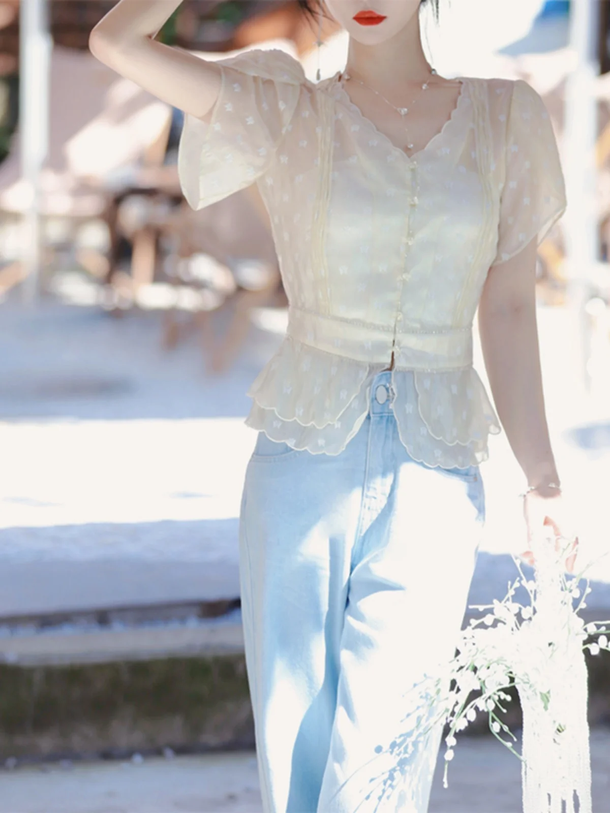 

NANASTORE, весна 2024, женская шифоновая футболка ort Sve с цветочным принтом, защита от солнца, топ с застежкой на талии