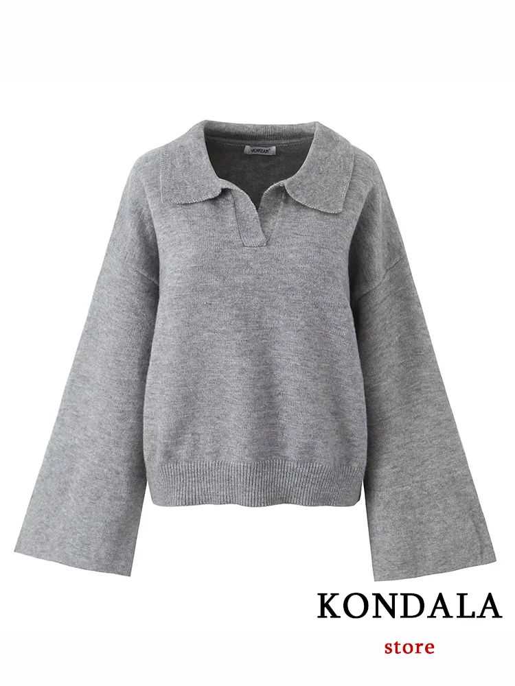 KONDALA Chic Solid Grey Long Flare Sleeve Women Sweater Fashion 2023 Winter Town-down Collar Oversized Pullover Vintage Knitwear