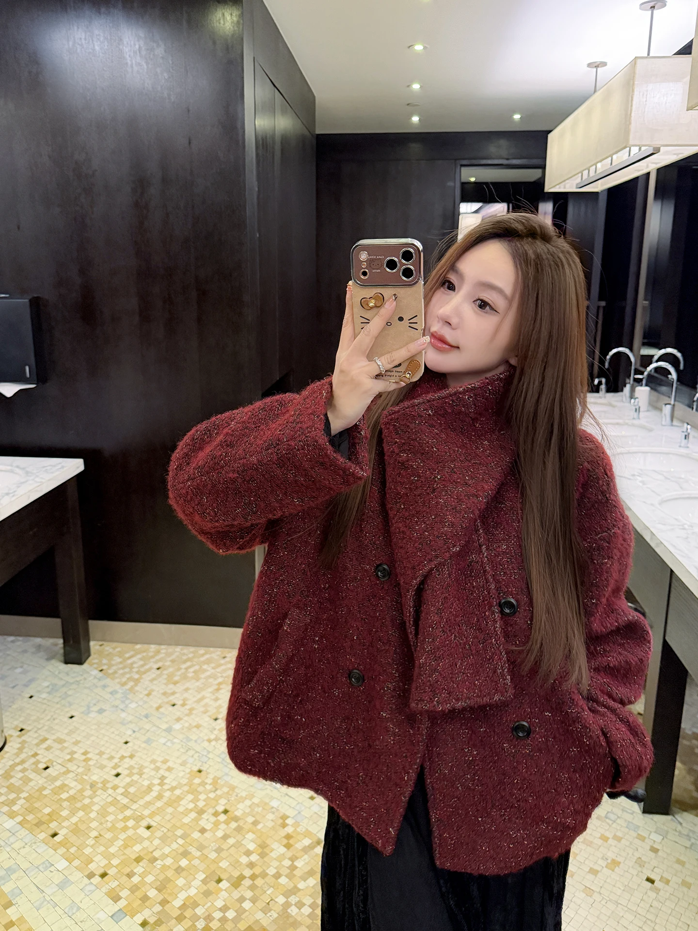 

Red Woolen Scarf Sle ort Coat by Zhang ei Thiened Flannel Material Straight Cut Commuter Sle Women's Winter Outer...