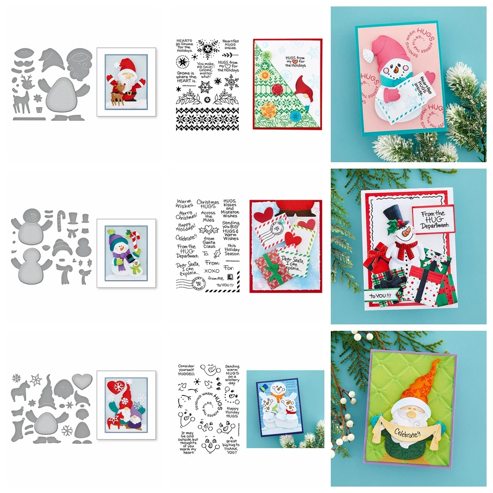 Snowman Gnome Santa Claus Metal Cutting Dies Happy Holiday Lacy Border Clear Stamps for DIY Decor Paper Card Crafting Project