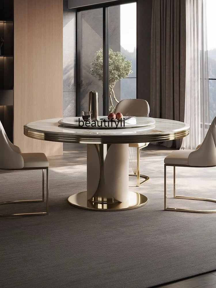 

Modern round with turntable high-end villa home dining table marble dining table and chairs
