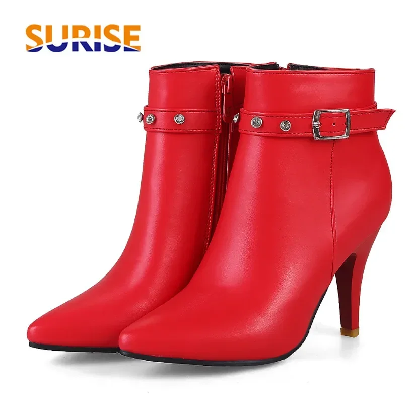 Big Size Winter Women Ankle Boots Red Black 9cm High Spike Heels Casual Office Ladies Fashion Crystal Buckle Zipper Short Boots