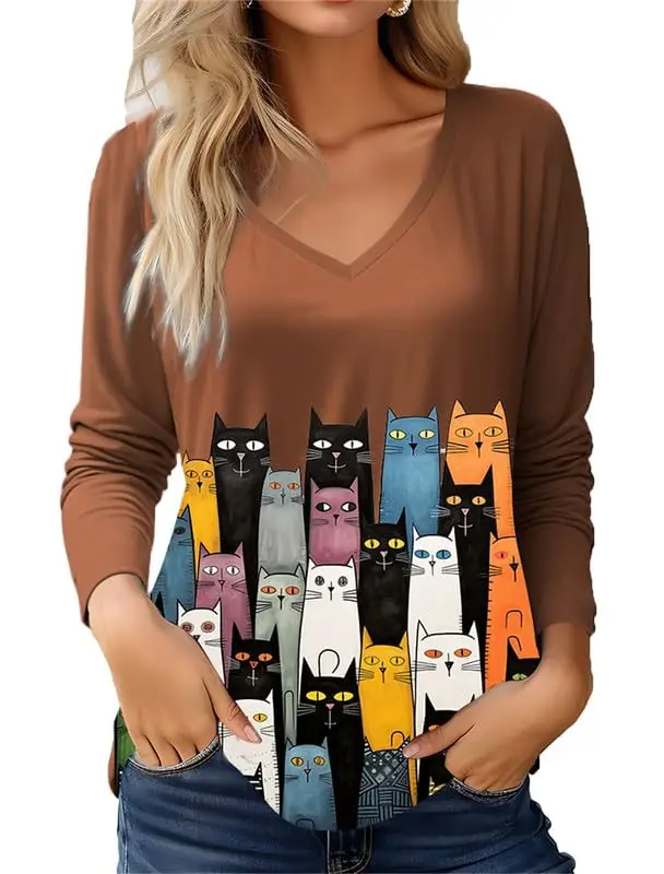

Cat lover sweet and cute kitten print V-neck long-sleeved shirt Women's spring and autumn polyester fabric comfortable top