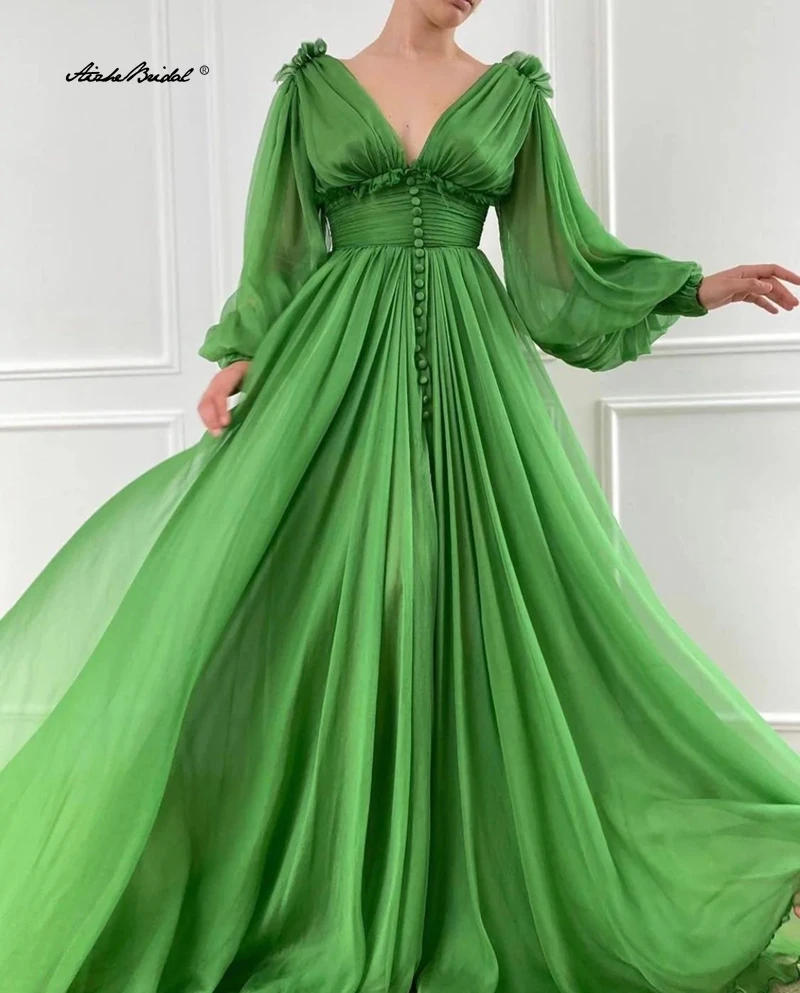 

Изысканное вечернее платье трапециевидной формы для женщин с длинными рукавами и оборками, v-образным вырезом, торжественное вечернее платье, Vestidos De Noche