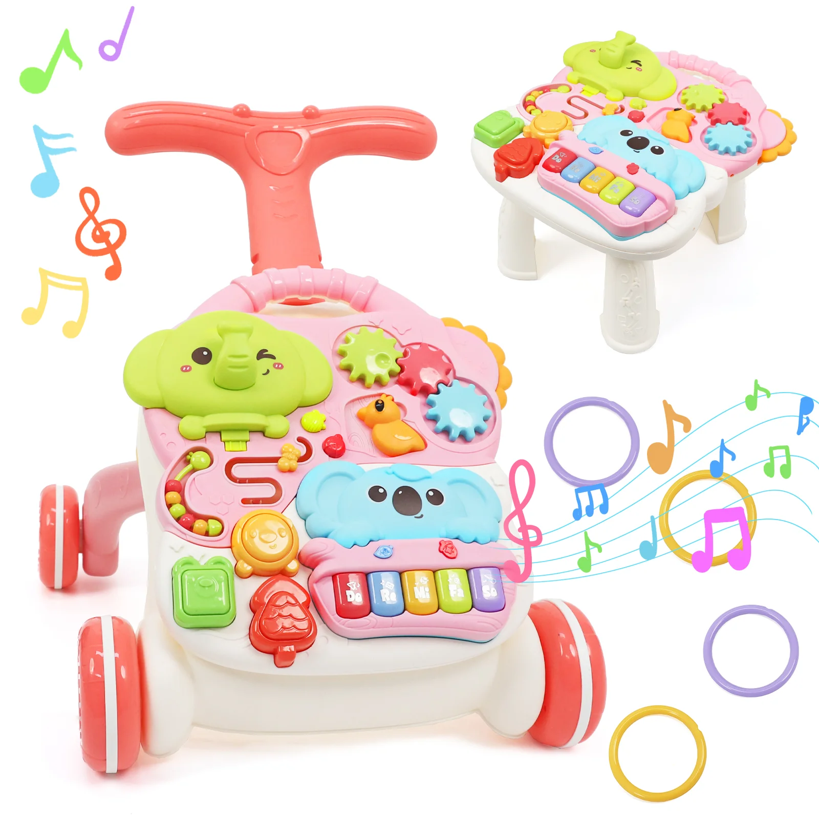 3-in-1 Multifunctional Scientific Early Learning Walking Cart, Toddler Assist Walking Interactive Push Toy with Soft Music, Adjustable Speed, Non-Slip Wheels & Educational Activity Center