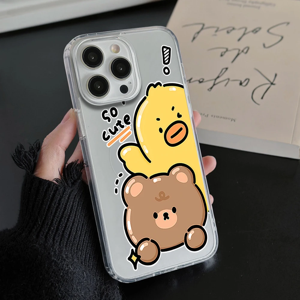 Cartoon Duck Phone Case For iPhone 11 12 13 14 15 16 Pro Max Plus Magesafe Magnetic Transparent Charge Soft Shell