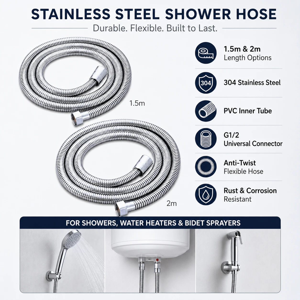 1-3Pcs G1/2 Stainlesss Steel Shower Hose 1.5m 2m, Flexible Anti-Twist Universal Connector Hose for Hand Shower Bathroom