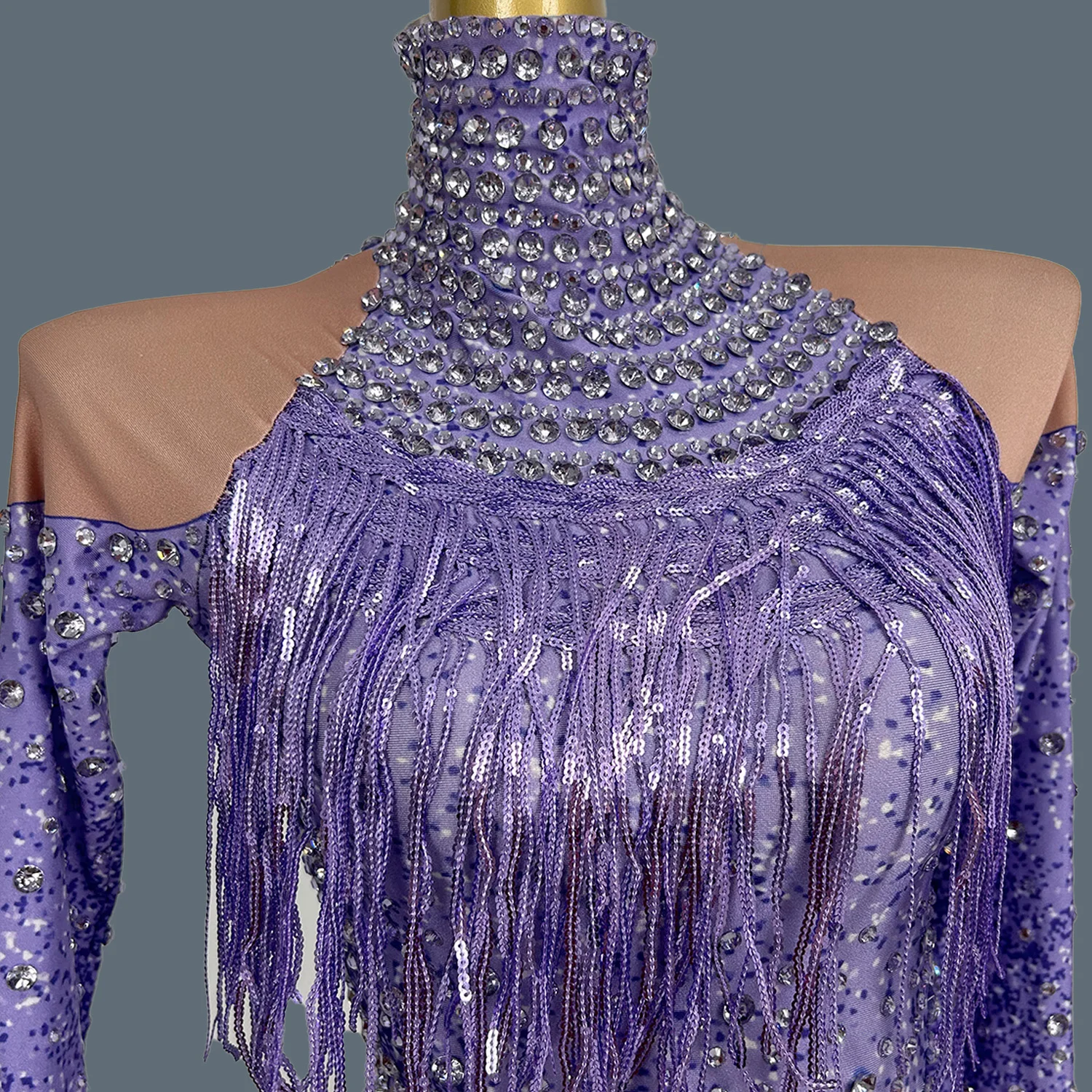 Seksowny strój sceniczny, błyszczący kombinezon z dżetami i frędzlami, damski strój dla zespołu tańczącego latynoamerykańskie tańce, spandexowy kombinezon z długim rękawem, latiao