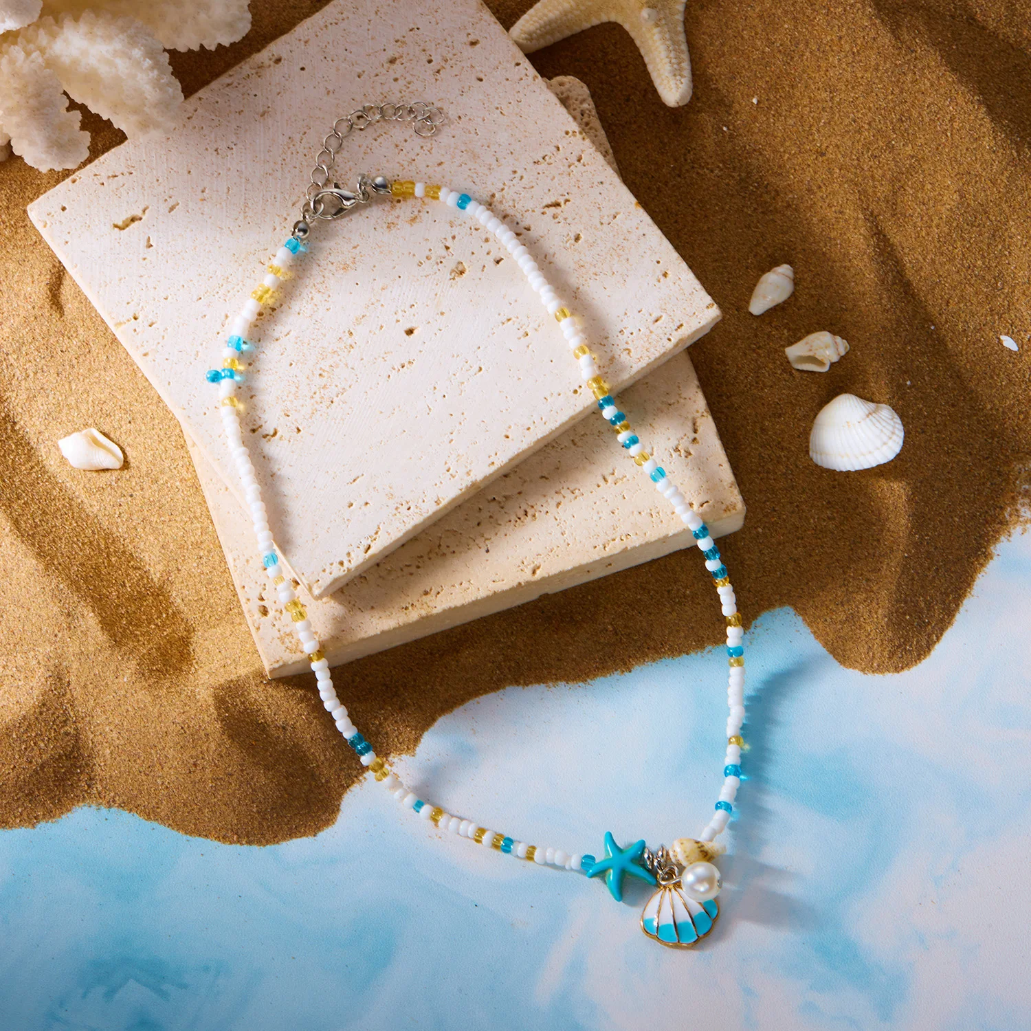 Einfache Seestern-Anhänger-Halskette mit Metallgehäuse für Damen, böhmische Halskette mit gemischten Farben und Reisperlen, Strandurlaubsschmuck – Detail 8