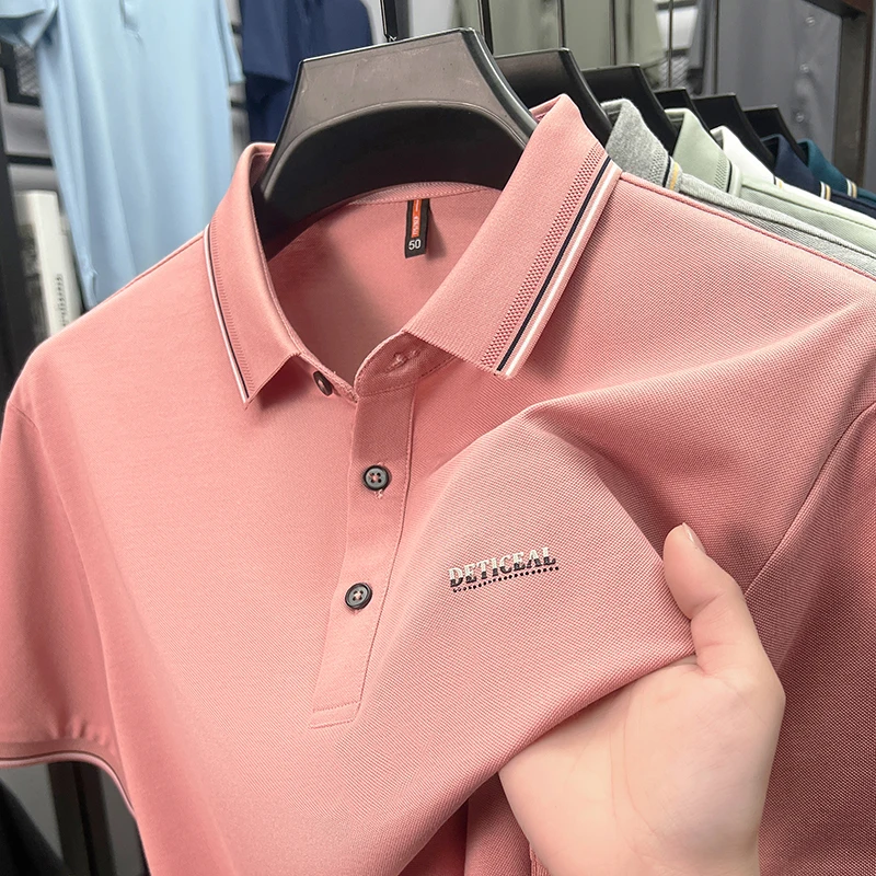 

High end brand men short sleeve polo shirt personality letter emboss comfort breathable fashion striped decoration lapel T-shirt